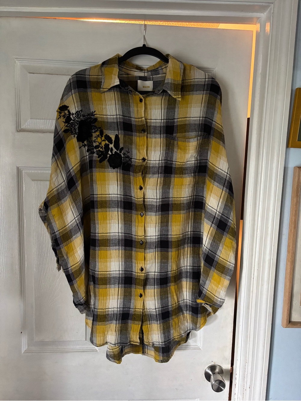 Maeve Yellow Black White Plaid Button-Down Shirt with Black Floral Detail